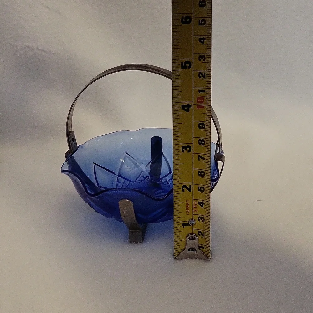 Vintage Cobalt Blue Glass Bowl with Metal Handle